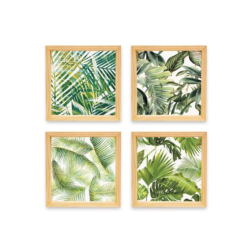 PINE BOXED CANVAS 4PCE COLLAGE GREEN LEAVES