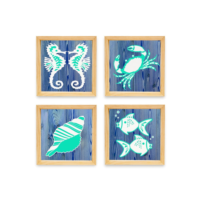 PINE BOXED CANVAS 4PCE COLLAGE SEA CREATURES SET 1