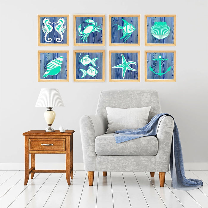 PINE BOXED CANVAS 4PCE COLLAGE SEA CREATURES SET 1