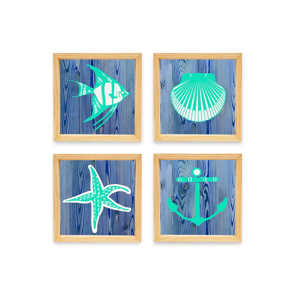 PINE BOXED CANVAS 4PCE COLLAGE SEA CREATURES SET 2