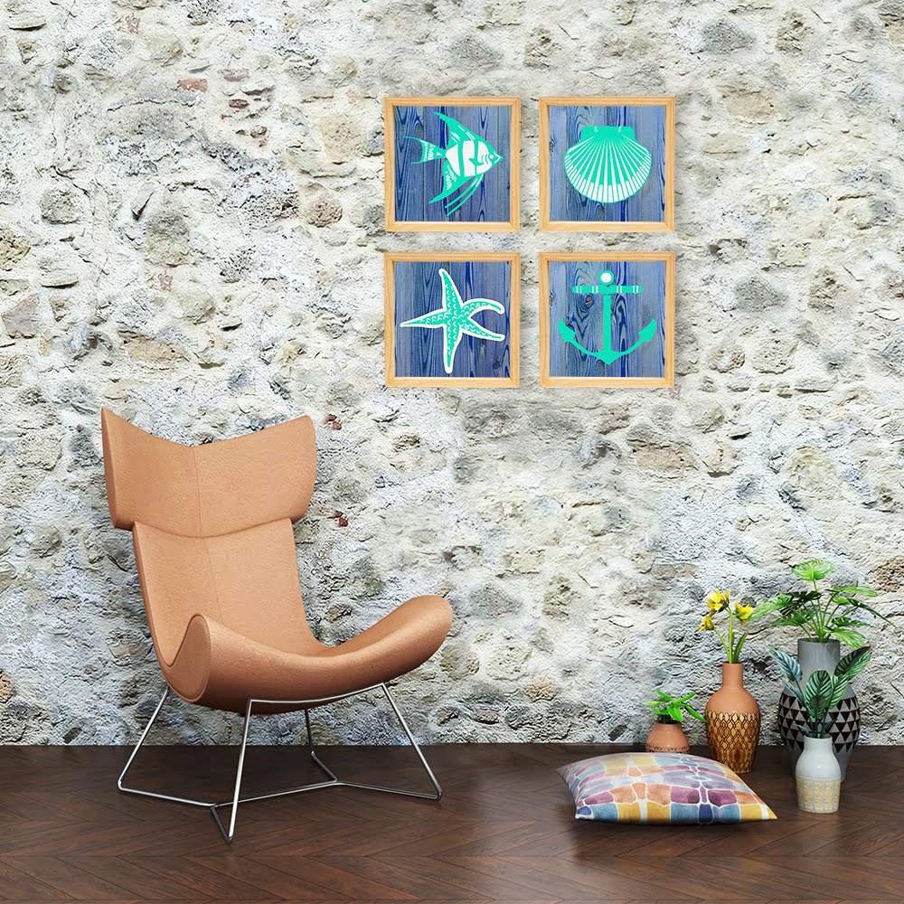 PINE BOXED CANVAS 4PCE COLLAGE SEA CREATURES SET 2