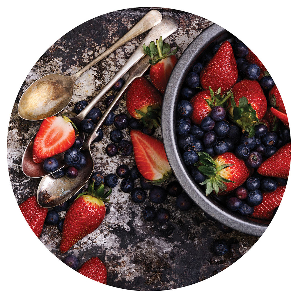 STRAWBERRIES AND BLUEBERRIES ON RUSTIC TRAY PLACEMAT