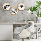 PINE BOXED CANVAS HEXAGONAL 3PCE COLLAGE B&W LEAVES & BIRDS