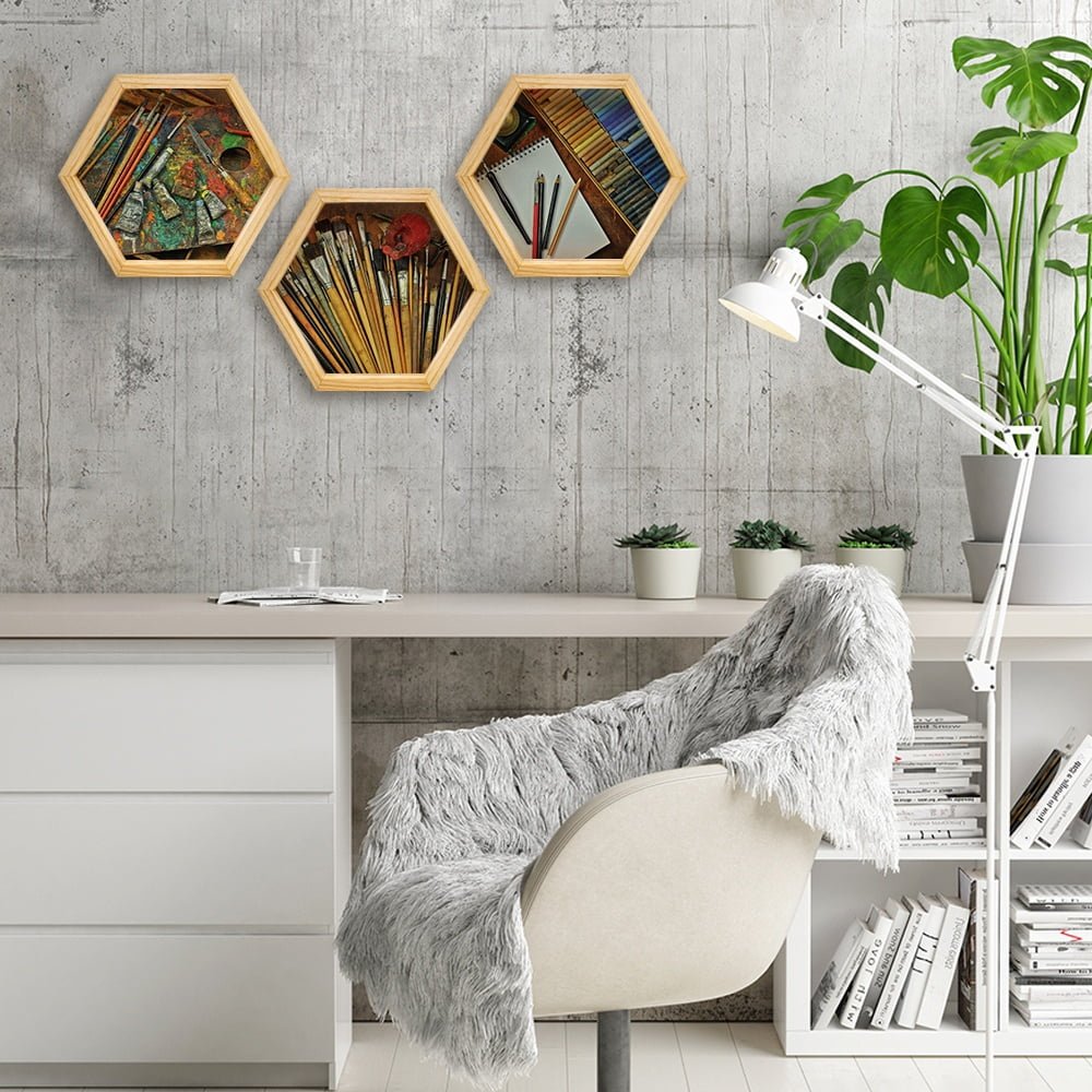 PINE BOXED CANVAS HEXAGONAL 3PCE COLLAGE ART SUPPLIES