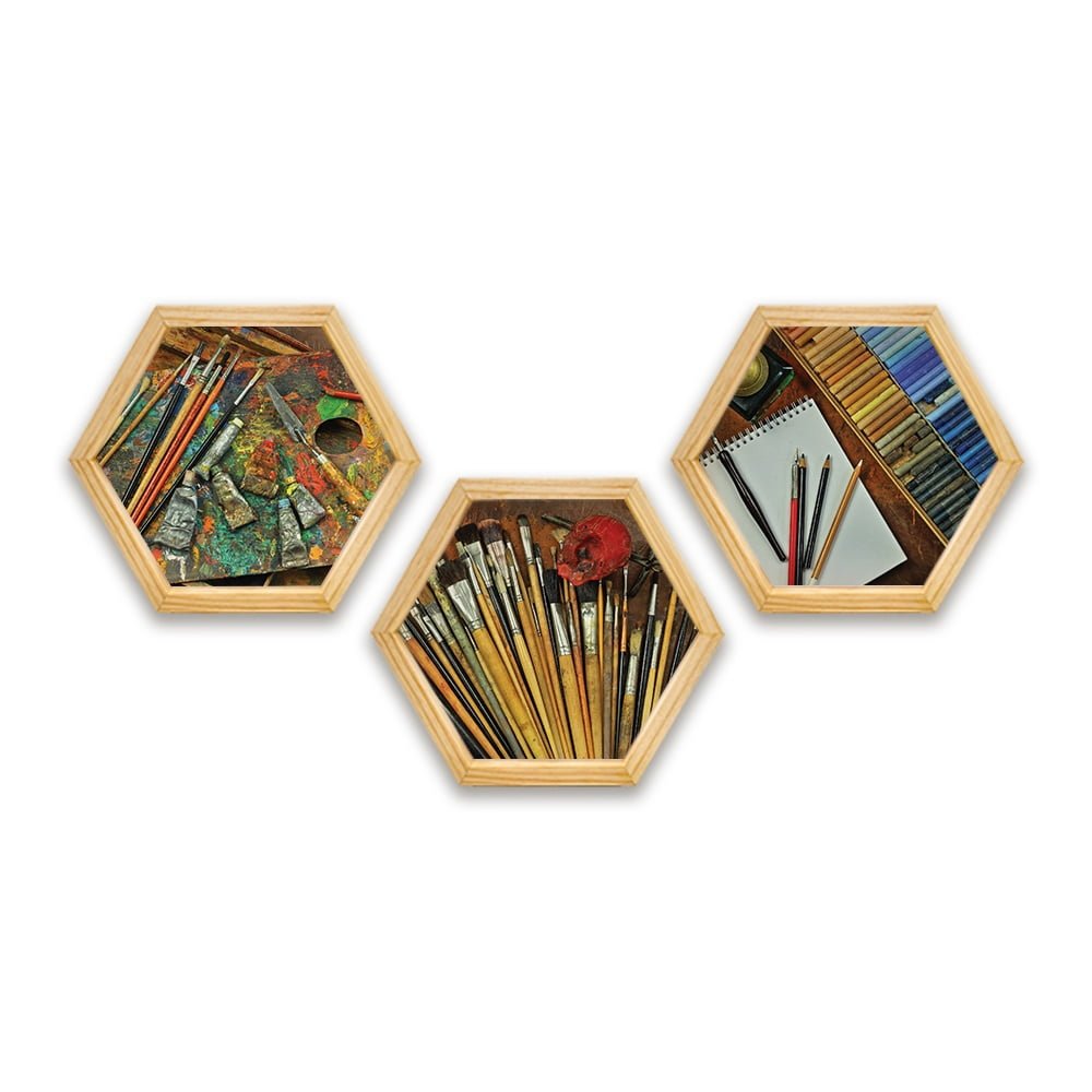 PINE BOXED CANVAS HEXAGONAL 3PCE COLLAGE ART SUPPLIES