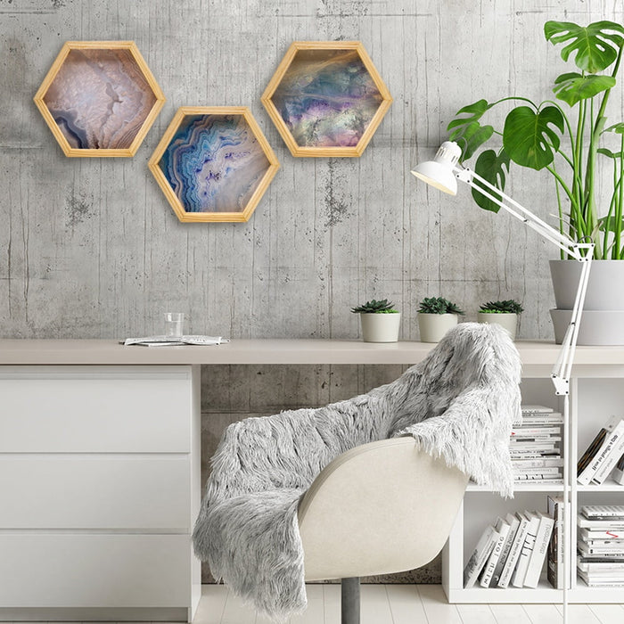 PINE BOXED CANVAS HEXAGONAL 3PCE COLLAGE BLUE-STONE