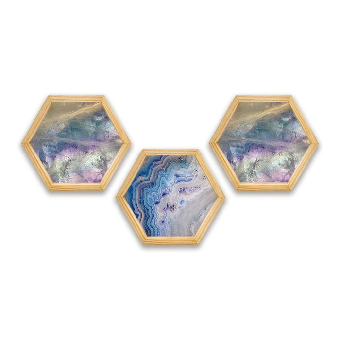 PINE BOXED CANVAS HEXAGONAL 3PCE COLLAGE BLUE-STONE