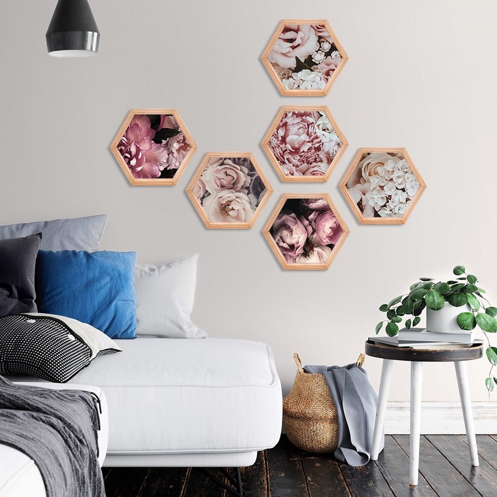 PINE BOXED CANVAS HEXAGONAL 6PCE COLLAGE PINK PEONIE FLORALS