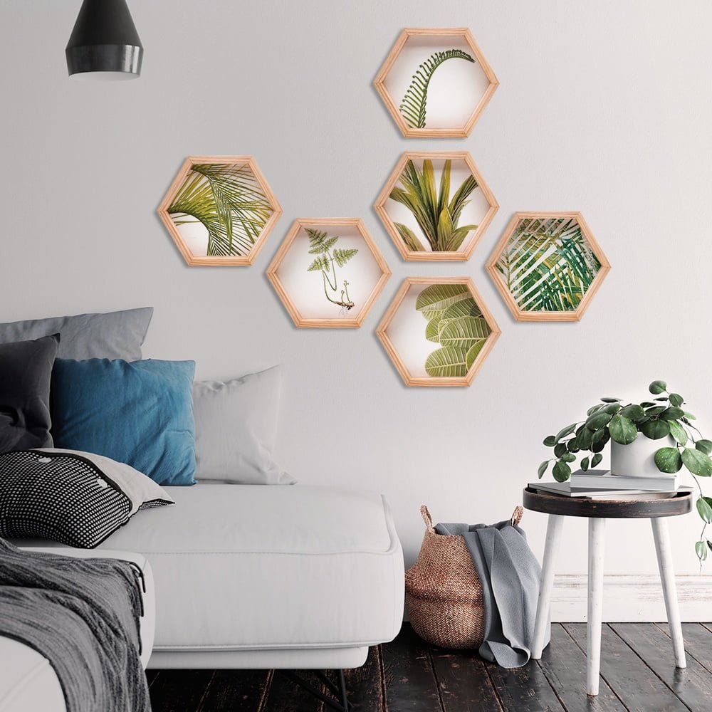 PINE BOXED CANVAS HEXAGONAL 6PCE COLLAGE LEAFY GREEN SELECTION