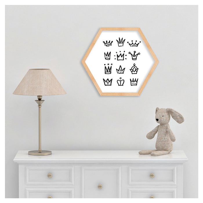 KIDS BLACK AND WHITE CROWNS PATTERN HEXAGON WALL ART