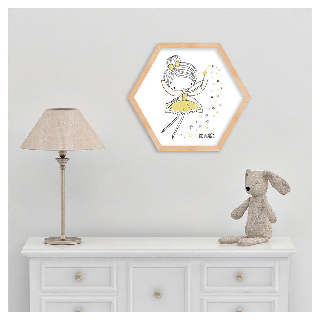 KIDS YELLOW FAIRY PRINCESS LINEART HEXAGON WALL ART