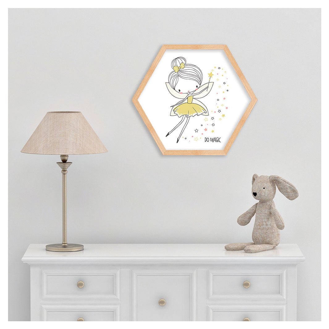 KIDS YELLOW FAIRY PRINCESS LINEART HEXAGON WALL ART