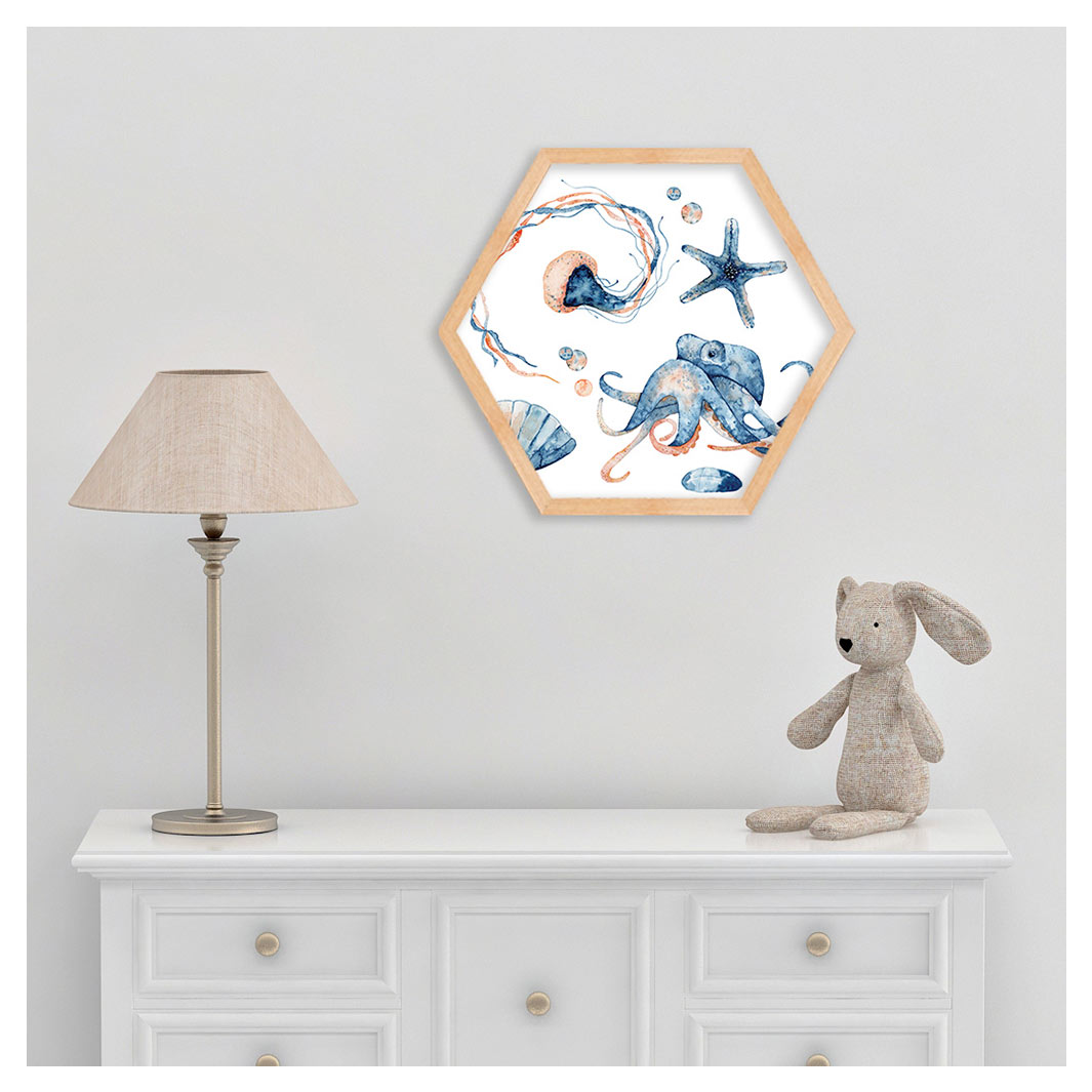 KIDS BLUE AND PEACH WATERCOLOUR SEA CREATURES HEXAGON WALL ART