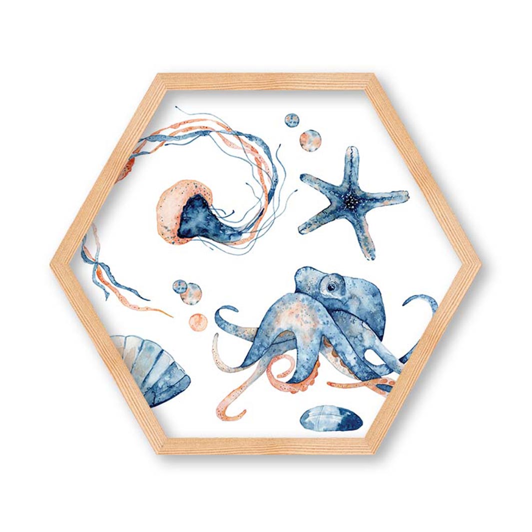 KIDS BLUE AND PEACH WATERCOLOUR SEA CREATURES HEXAGON WALL ART