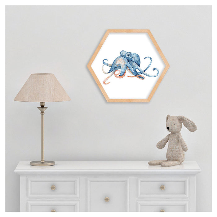 KIDS BLUE AND PEACH WATERCOLOUR OCTOPUS HEXAGON WALL ART