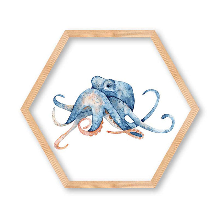 KIDS BLUE AND PEACH WATERCOLOUR OCTOPUS HEXAGON WALL ART