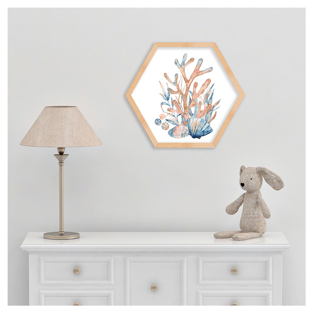 KIDS BLUE AND PEACH WATERCOLOUR CORAL HEXAGON WALL ART