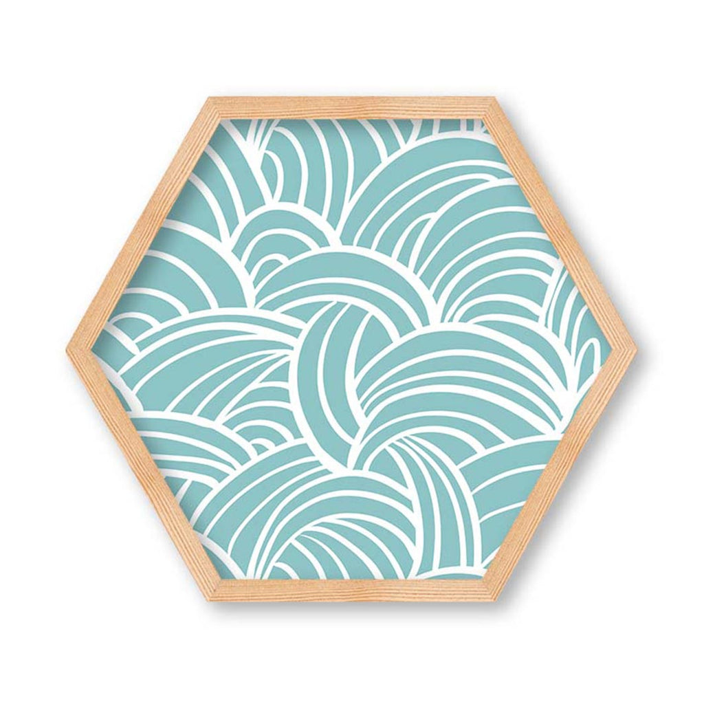KIDS AQUA BLUE WAVES LINES PATTERN HEXAGON WALL ART