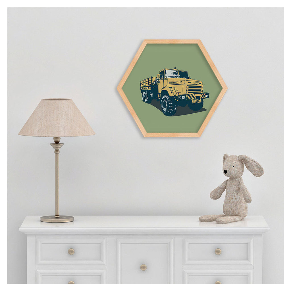 KIDS GREEN YELLOW TRUCK HEXAGON WALL ART
