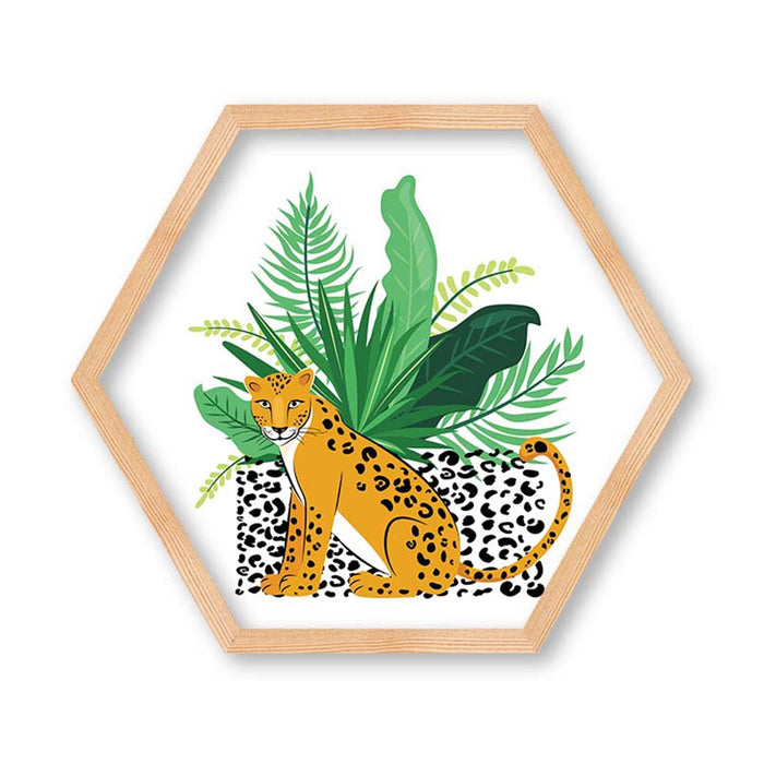 KIDS GREEN JUNGLE LEOPARD LEAVES HEXAGON WALL ART