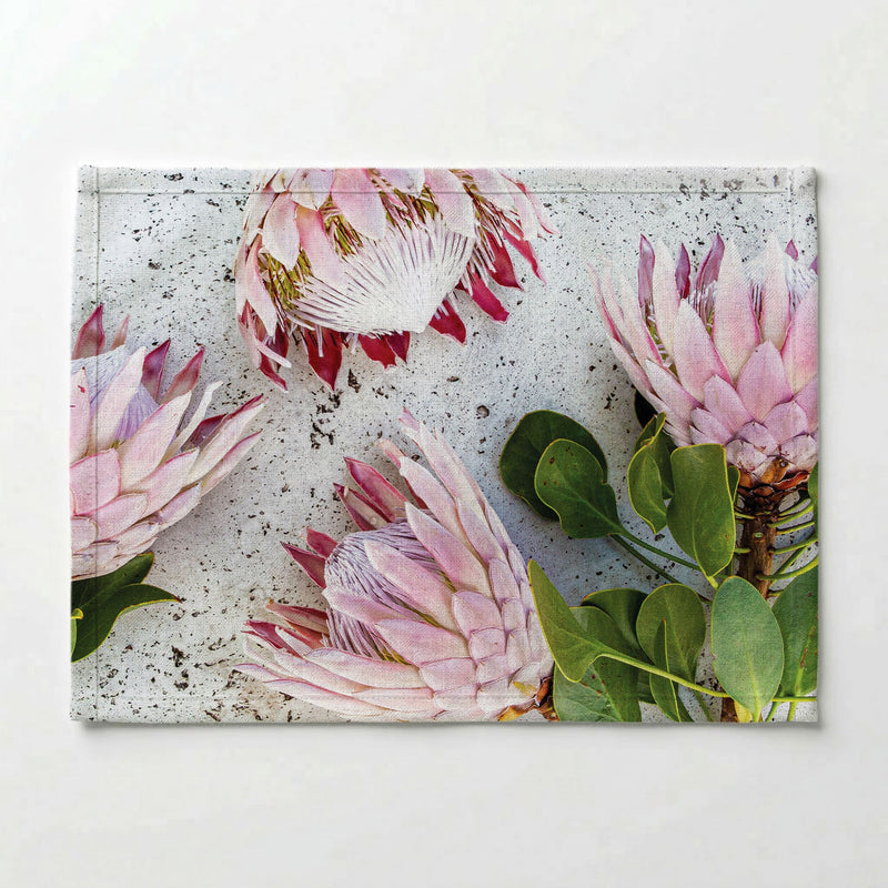 FLORAL PINK PROTEAS ON WHITE PLACEMAT