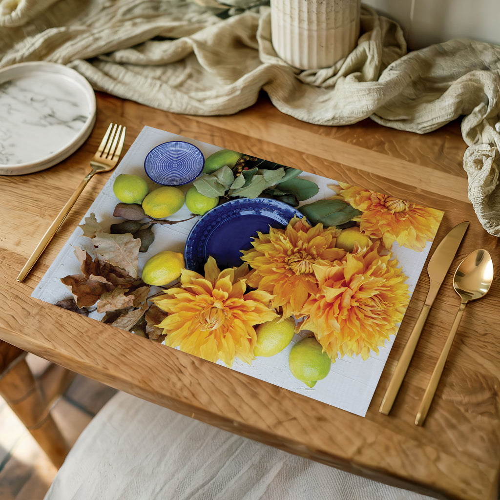 FLORAL YELLOW CHRYSANTHEMUM FLOWERS WITH FOLIAGE PLACEMAT