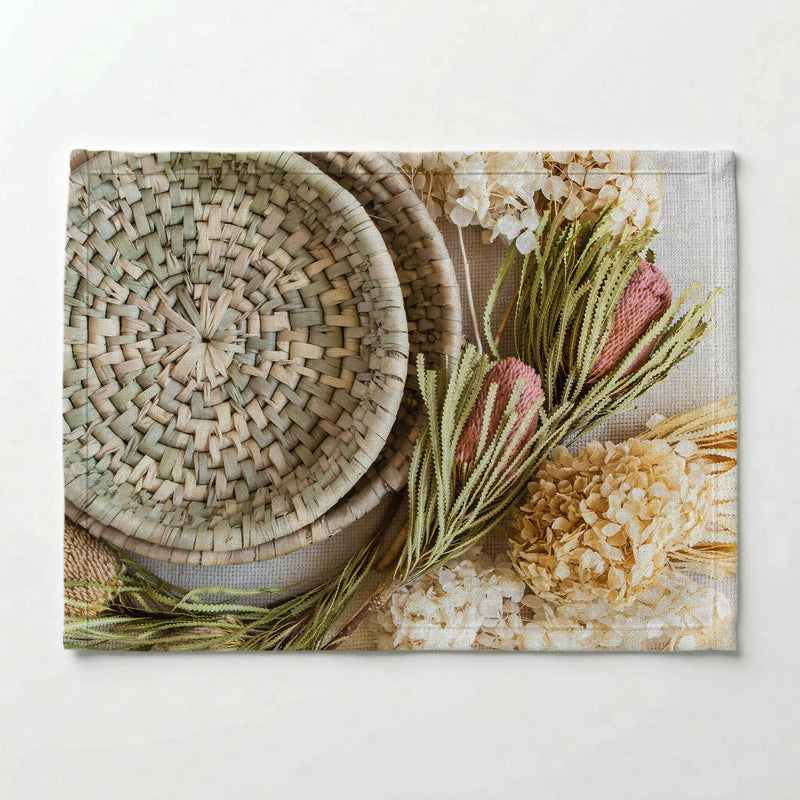 FLORAL CREAM AND GREY BASKET WITH PINK BANKSEAS PLACEMAT