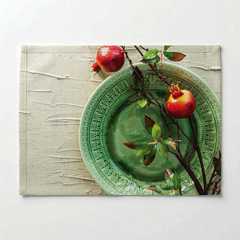NATURAL RED POMEGRANATES ON GREEN PLATE PLACEMAT