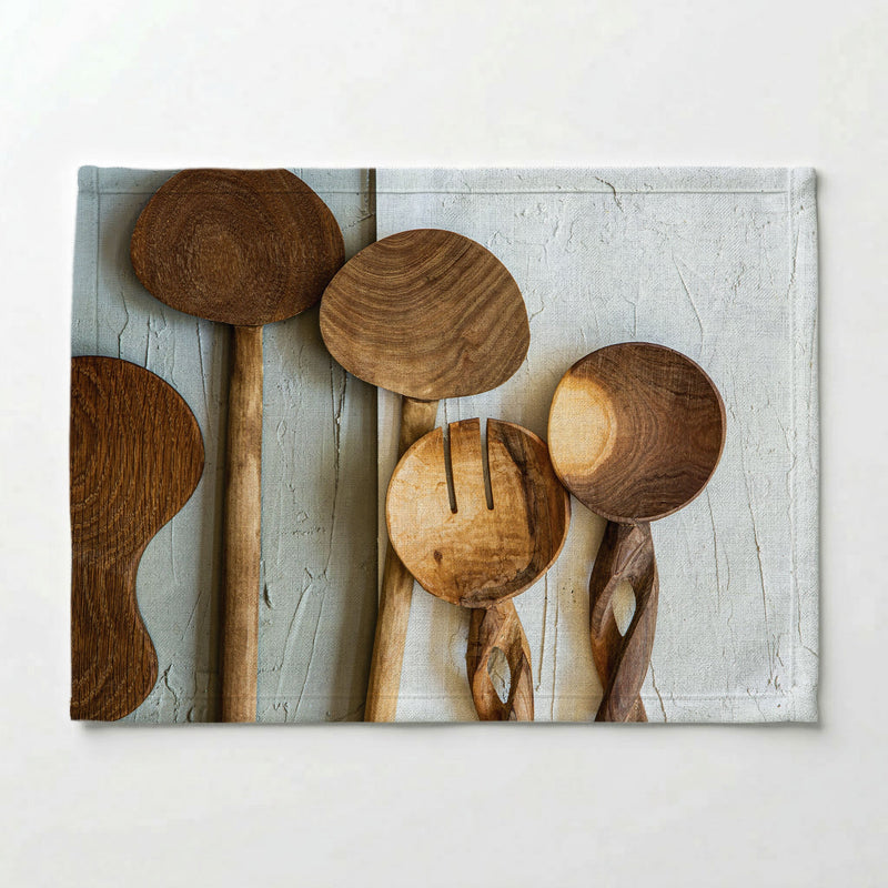NATURAL BROWN WOODEN SPOONS ON GREY AND WHITE PLACEMAT