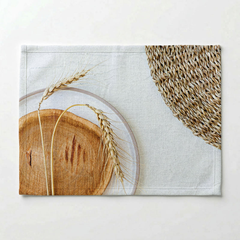 NATURAL BEIGE WHEAT ON WOOD AND WHITE PLACEMAT