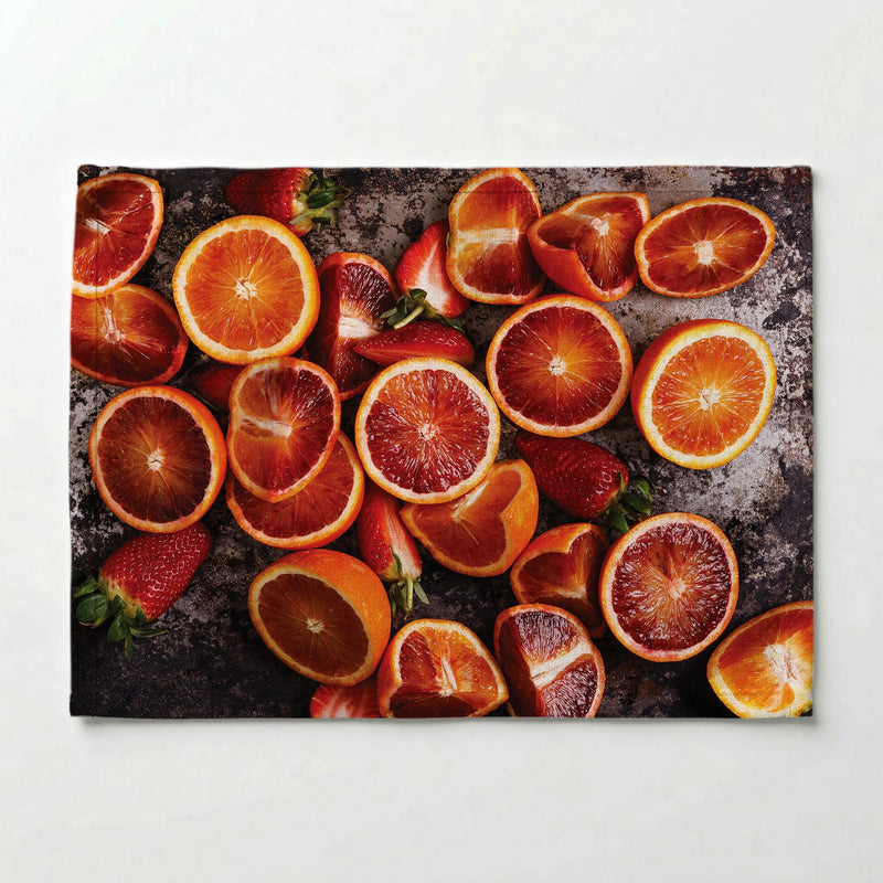 BLOOD ORANGES AND STRAWBERRIES ON RUSTIC TRAY PLACEMAT