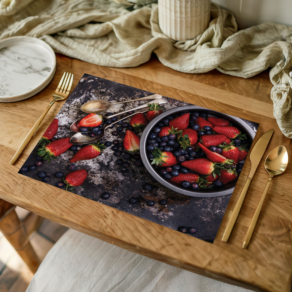STRAWBERRIES AND BLUEBERRIES ON RUSTIC TRAY PLACEMAT