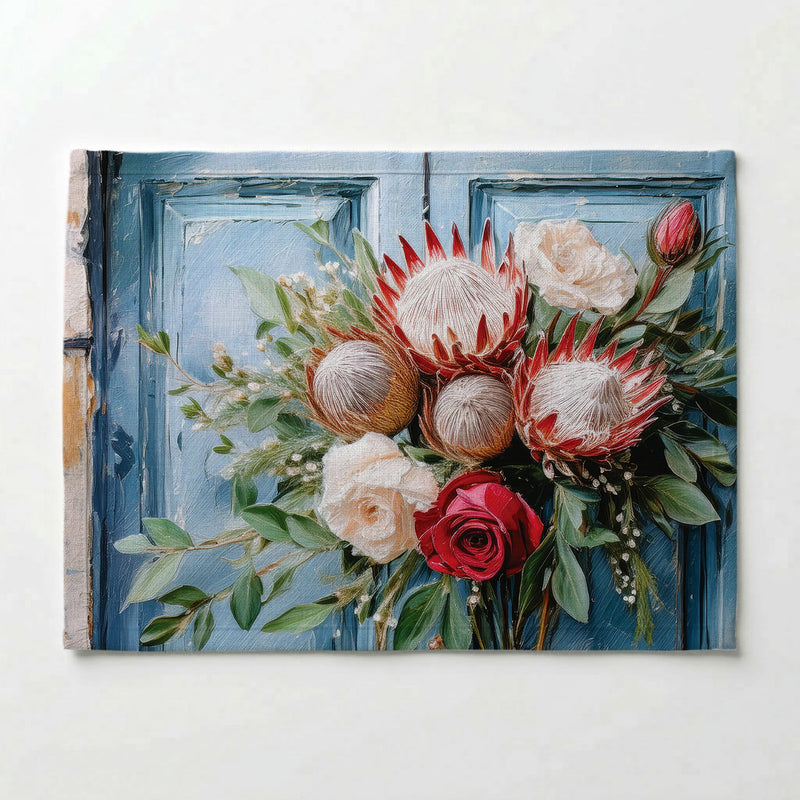 PROTEA AND ROSE BUNCH ON BLUE DOOR PLACEMAT