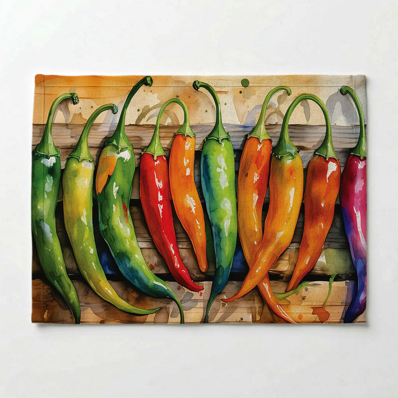 WATERCOLOUR CHILLIES ON WOOD PLACEMAT