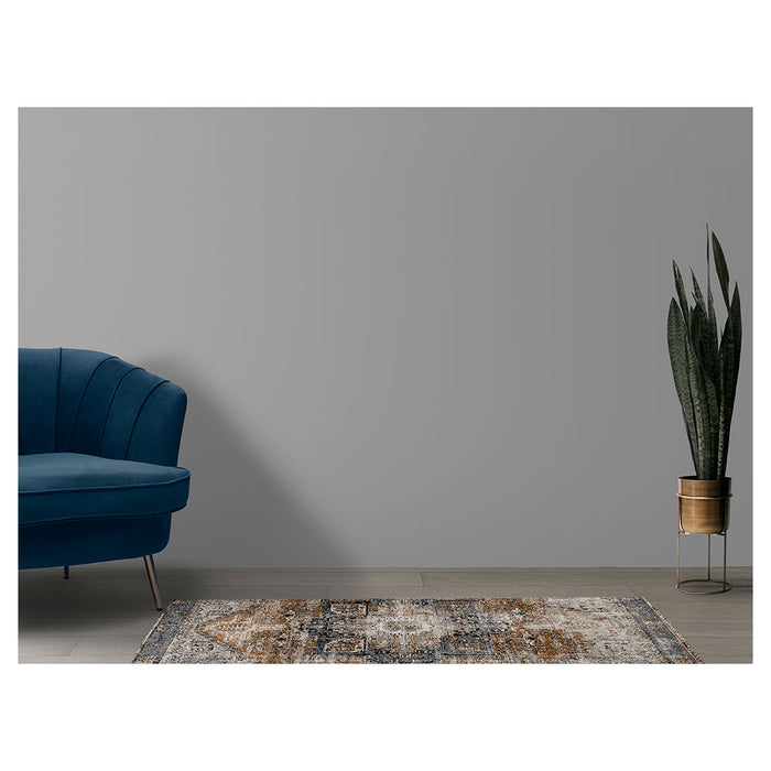 CLASSIC BROWN AND BLUE GEO DISTRESSED RUNNER RUG