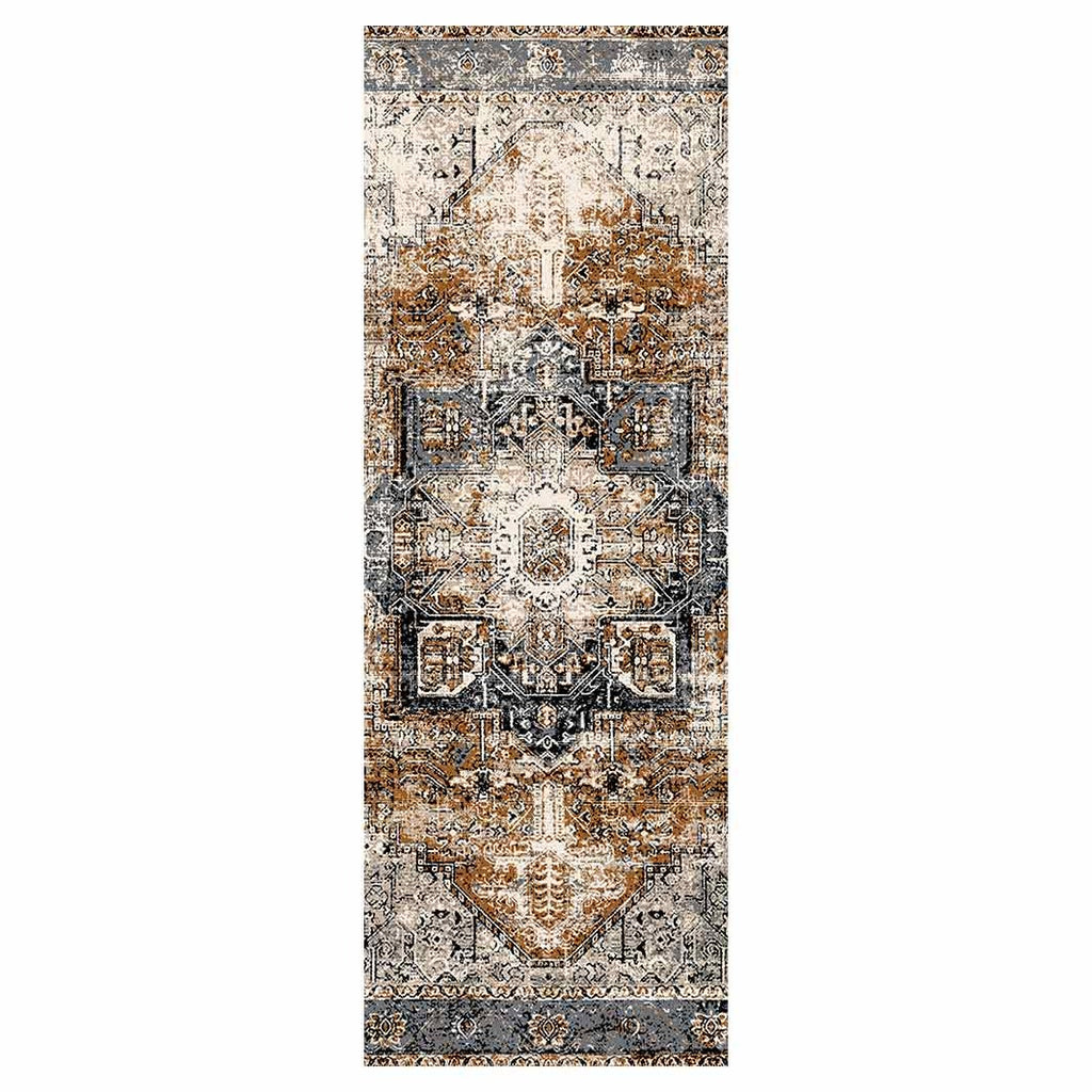 CLASSIC BROWN AND BLUE GEO DISTRESSED RUNNER RUG