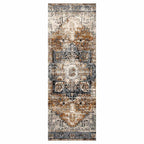CLASSIC BROWN AND BLUE GEO DISTRESSED RUNNER RUG