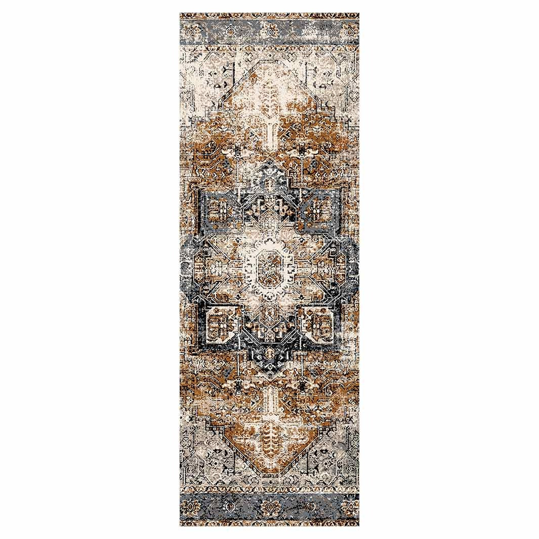 CLASSIC BROWN AND BLUE GEO DISTRESSED RUNNER RUG