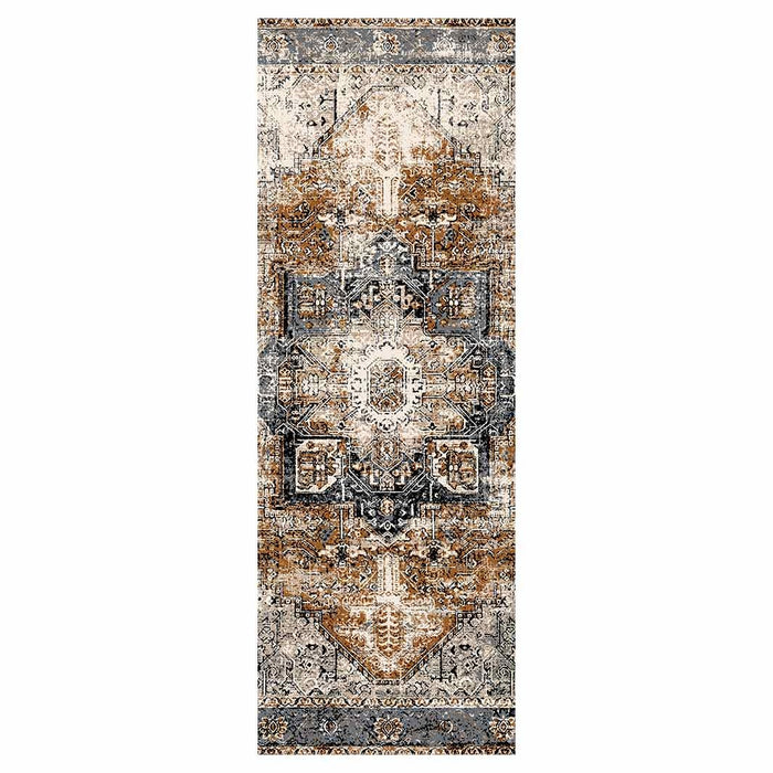 CLASSIC BROWN AND BLUE GEO DISTRESSED RUNNER RUG