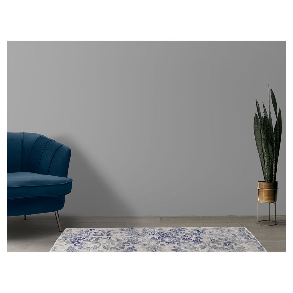 CLASSIC BLUE DAMASK DISTRESSED RUNNER RUG