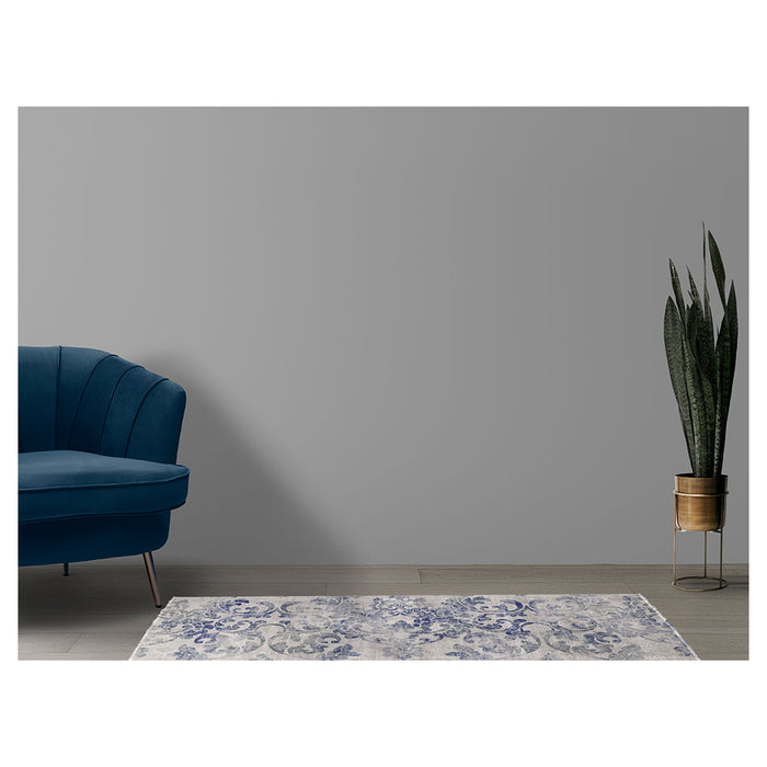 CLASSIC BLUE DAMASK DISTRESSED RUNNER RUG