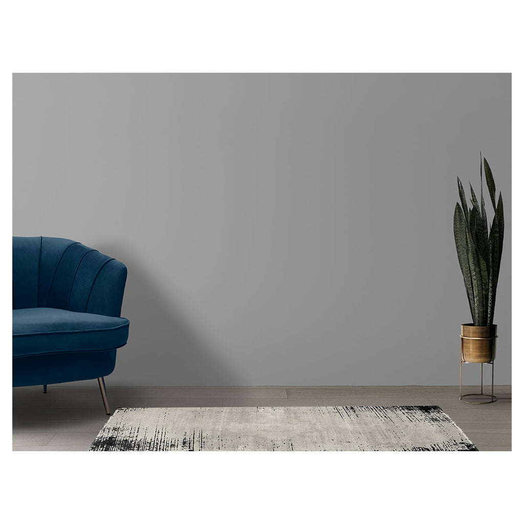 CONTEMPORARY BEIGE AND BLACK INK FRAME DISTRESSED  RUNNER RUG