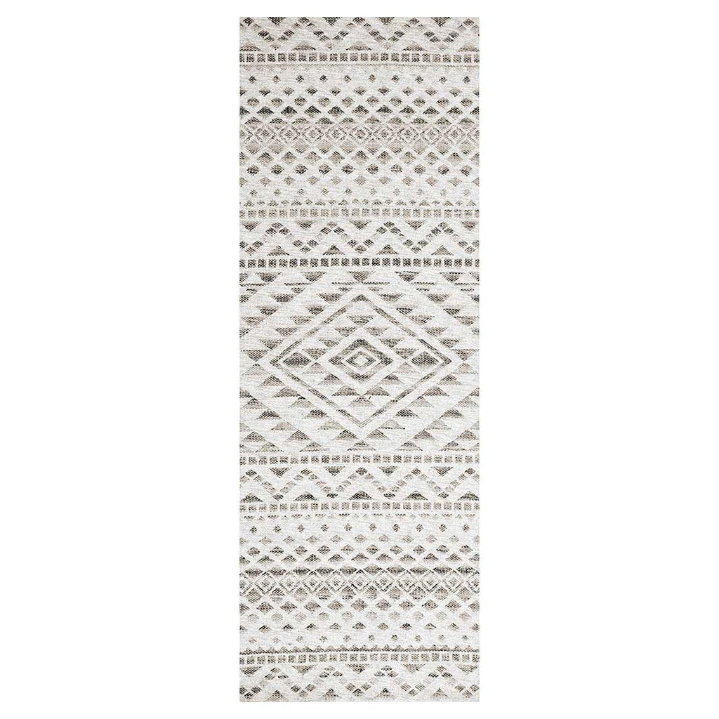 CONTEMPORARY WHITE NEUTRAL TRIBAL PATTERN RUNNER RUG