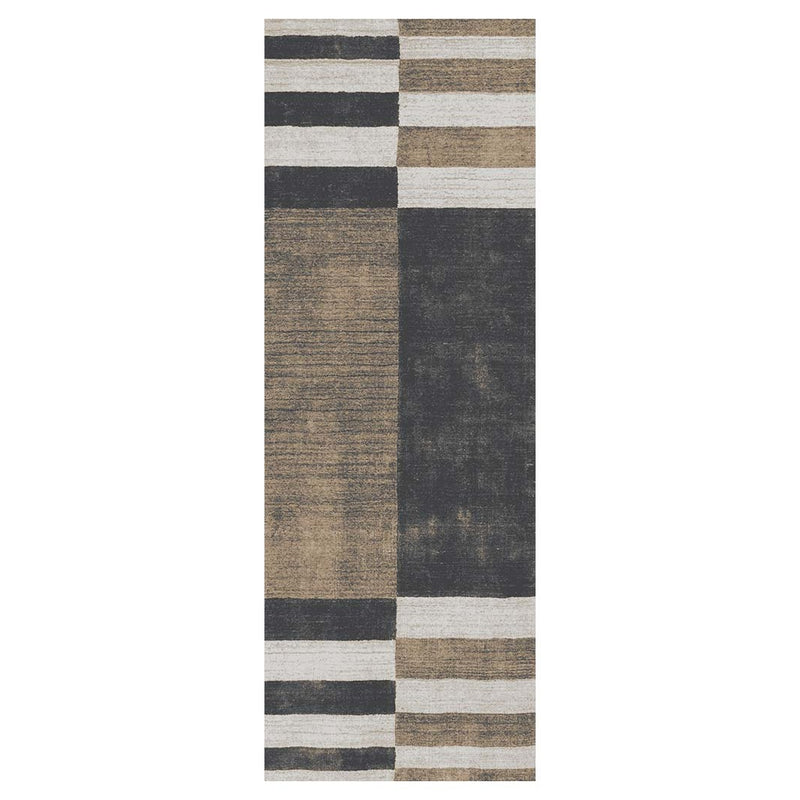 CONTEMPORARY BLACK BROWN GEOMETRIC STRIPE RUNNER RUG