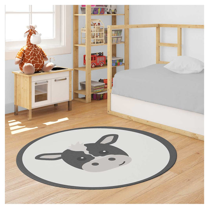 KIDS GREY BLACK AND WHITE COW  ROUND RUG