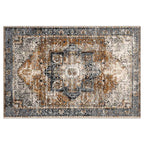 CLASSIC BROWN AND BLUE GEO DISTRESSED RECTANGULAR RUG