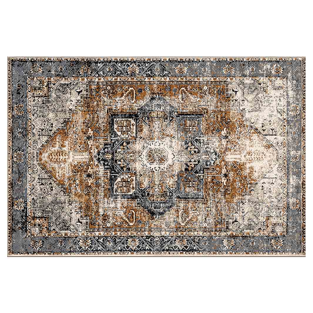 CLASSIC BROWN AND BLUE GEO DISTRESSED RECTANGULAR RUG