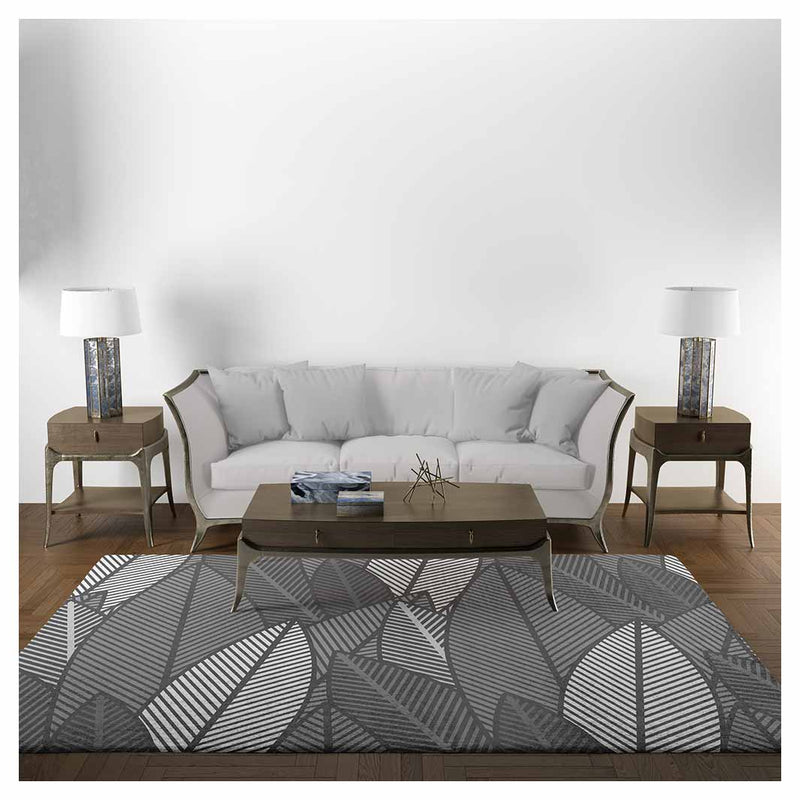 MODERN GREY STYLIZED LEAF PATTERN RECTANGULAR RUG