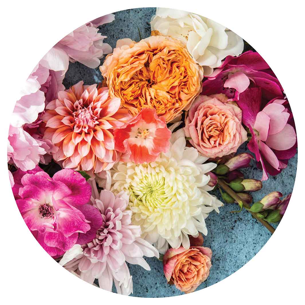 FLORAL PINK PEONY AND DAHLIA BOUQUET ON BLUE CHEESEBOARD