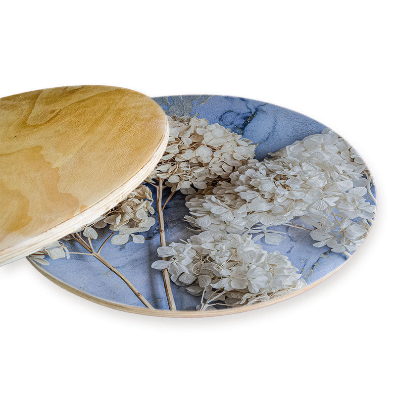 FLORAL CREAM BLEACHED HYDRANGEAS ON BLUE CHEESEBOARD